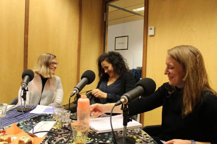 Liz Evenson, Amal Nassar and Alix Vuillemin Grendel recording a podcast for Asymmetrical Haircuts and JusticeInfo.net Liz Evenson, Amal Nassar and Alix Vuillemin Grendel recording a podcast for Asymmetrical Haircuts and JusticeInfo.net