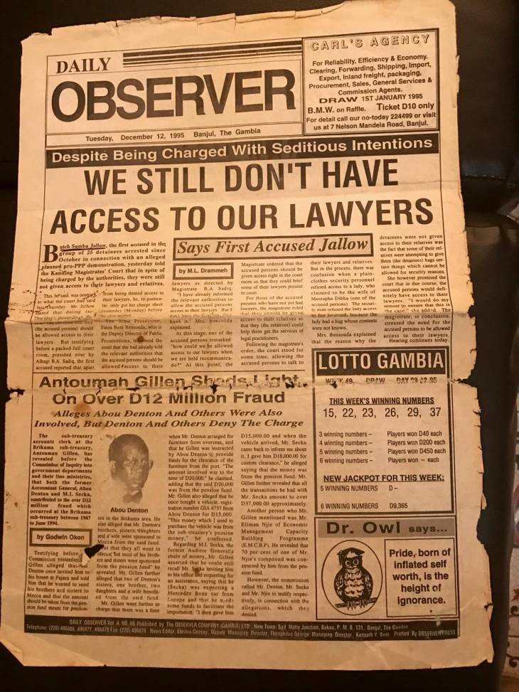 The Observer: We still don't have access to our lawyers (1995/12/12) Photo from the Gambian newspaper The Observer, dated December 12, 1995, titling: We still do not have access to our lawyers