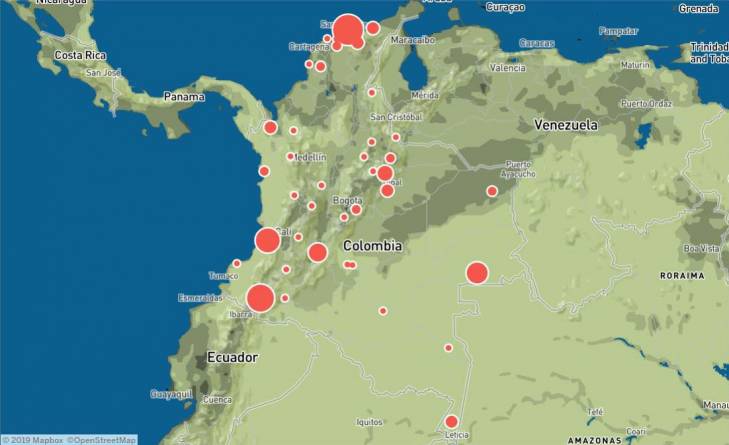 Carte représentant les menaces sur les gardes forestiers en Colombie Carte représentant les menaces sur les gardes forestiers en Colombie
